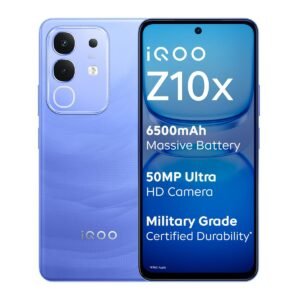 iQOO Z10x 5G Ultramarine with 8GB RAM, 128GB storage, Dimensity 7300 processor, 6500mAh large battery, and rugged military-grade build.